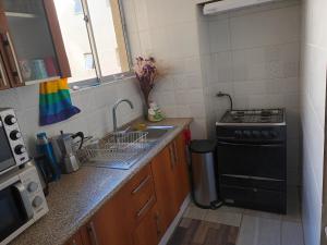 a small kitchen with a sink and a stove at Hospedaje en departamento compartido in Valparaíso