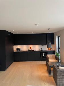 a kitchen with black cabinets and a living room at Cozy Guest Room in Mandal, Norway - Shared Facilities in Ime
