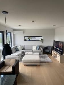 a living room with a couch and a tv at Cozy Guest Room in Mandal, Norway - Shared Facilities in Ime