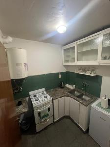 Una pequeña cocina con estufa y fregadero. en Depto 39, en La Plata