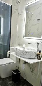 a bathroom with a sink and a mirror and a toilet at AR Apartments 2 in Tirana +9 photos