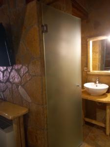 y baño con lavabo y ducha en la puerta trasera. en Kalavrita Relax, en Kalavrita
