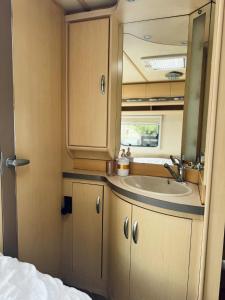 a bathroom with a sink and a mirror at Caravana dintre nuci in Oradea