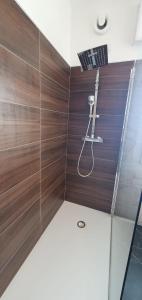 a shower with wood paneling and a glass wall at Casa Tintoretto The Charm of Venice in 15 minutes! in Venice