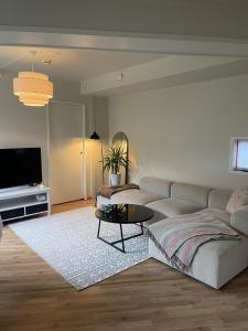 un salon avec un canapé et une table dans l'établissement Cozy apartment on tomasjordnes, à Tomasjorda
