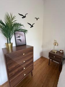 Eine Kommode mit einer Topfpflanze und Vögeln an der Wand in der Unterkunft Chambre Le Phare - Villa Les Embruns - à 5min à pied de Nausicaa, plage, centre Ville - Côte d'Opale in Boulogne-sur-Mer