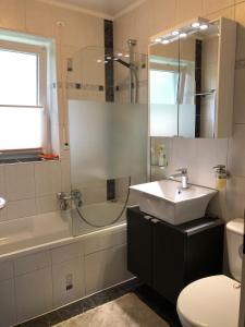a bathroom with a sink and a shower and a toilet at Apartment Panorama in Sonthofen
