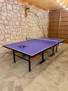 a ping pong table in a room with a stone wall at Nature Rock Guesthouse in Areni