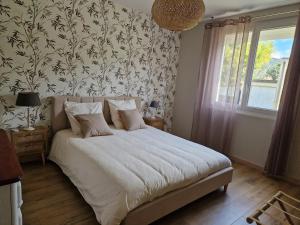 ニヨンにあるLes LUCIOLESのベッドルーム1室(白いシーツと壁紙のベッド1台付)