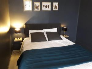 1 dormitorio con 1 cama con 2 lámparas y 2 almohadas en La Pomme d'Or, en La Charité-sur-Loire