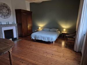 ein Schlafzimmer mit einem Bett und einem Kamin in der Unterkunft Grand Gîte au cœur du village avec jardin in Regny