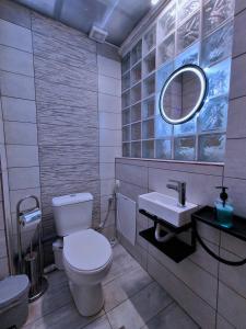 a bathroom with a toilet and a sink and a mirror at Citadel's Tranquility Ioannina in Ioannina +19 photos