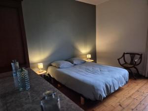 ein Schlafzimmer mit einem Bett, zwei Tischen und zwei Lampen in der Unterkunft Grand Gîte au cœur du village avec jardin in Regny + 29 Fotos