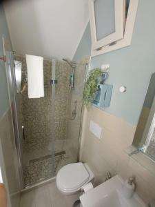 a bathroom with a shower and a toilet and a sink at Charming Holiday Home in the historic center of Pietrelcina in Pietrelcina +9 photos