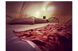 a close up of a large bed in a room at Piebald Mountain Pet Friendly Tents, Petersburg, New York in Pownal