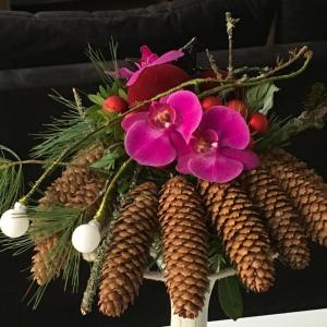 eine Vase gefüllt mit Tannenzapfen und Blumen in der Unterkunft Villa Sérénité appartement au centre ville n 5 in Lourdes