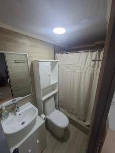 a bathroom with a white toilet and a sink at Casona Eco Wing in Iquique +30 photos