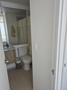 a bathroom with a toilet and a sink and a mirror at modern apartment excellent location coquimbo in Coquimbo