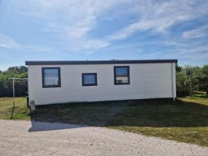 a small white house with three windows on a field at Zeester in Ameland