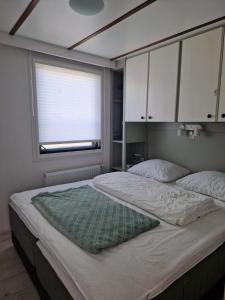 a large bed in a bedroom with a window at Zeester in Ameland