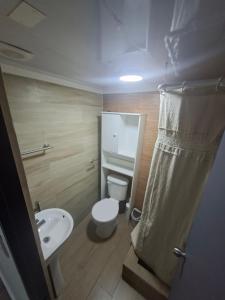 a small bathroom with a toilet and a sink at Casona Eco Wing in Iquique