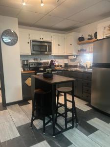 a kitchen with a table and a stainless steel refrigerator at Little cottage by the cabin in Springfield