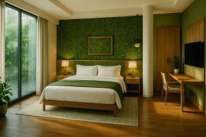 a bedroom with a bed with a green wall at Alambadet Vesat in Gopeng