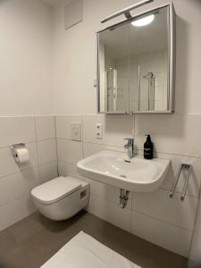 a bathroom with a sink and a toilet and a mirror at Design Vogue Apartment-Zentral-WiFi-4Personen in Metzingen