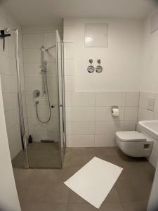 a bathroom with a shower and a toilet and a sink at Design Vogue Apartment-Zentral-WiFi-4Personen in Metzingen