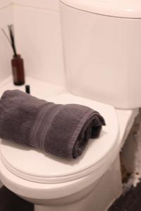 une serviette posée sur la lunette des toilettes dans une salle de bain dans l'établissement Three Bedrooms Flat in Central Edinburgh Old Town , Grassmarket Heart of Edinburgh Flat Sleeps 6 , EH1 58 Grassmarket, Edinburgh, à Édimbourg 86 autres photos
