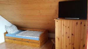 a room with a bed and a tv on a wooden wall at ZeitVergessen in Krummhörn