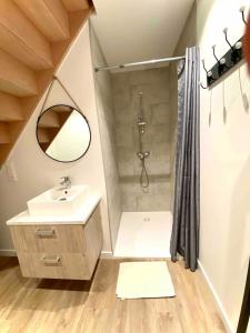 ein Badezimmer mit Dusche, Waschbecken und Spiegel in der Unterkunft CHALET LAC BLEU Luchon proche Thermes 3ch terrasse bbq pkg 7p in Saint-Mamet