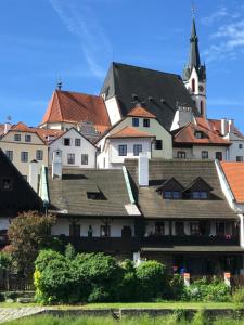a group of buildings with a church in the background at Mini Apart Hotel Abraka in Český Krumlov