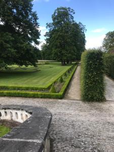 a garden with a path and hedges and a field at Mini Apart Hotel Abraka in Český Krumlov