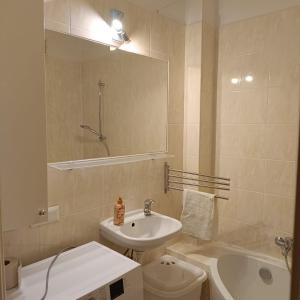 a bathroom with a sink and a toilet and a mirror at Apartament Jana in Warsaw