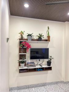 a tv on a white wall with potted plants at Mangattu Salkara highway view retreat in Anniyartholu