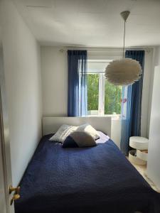 a bedroom with a blue bed and a window at Nice home with free parking close to downtown and nature! in Copenhagen
