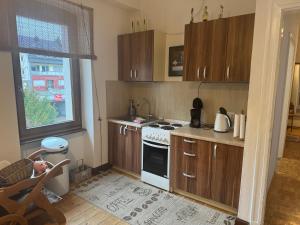 a kitchen with wooden cabinets and a white stove top oven at Olga Apartment in Traben-Trarbach