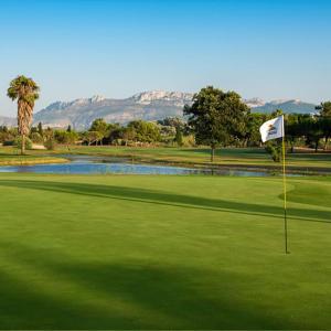 un parcours de golf avec drapeau sur un green dans l'établissement Villa 3bed at the Oliva Nova MET & Golf & Padel & Beach resort, à Oliva