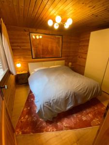 a bedroom with a bed in a wooden cabin at Ruhige Hütte mit toller Aussicht in Dammbach