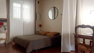 een slaapkamer met een bed en een spiegel aan de muur bij Studio privé - maison de village in Valensole
