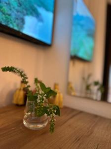 a vase with flowers in it sitting on a table at Mosaic Guesthouse in Lin +40 photos