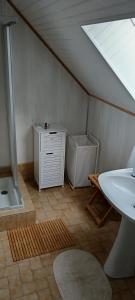 a attic bathroom with a sink and a washing machine at chambre d'hôte la maison verte in Séglien