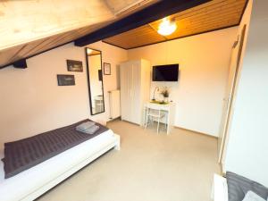 a bedroom with a bed and a desk in a room at Ringdays Guesthouse in Müllenbach