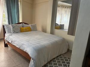 a small bedroom with a bed with a mirror at Nzuri stays Embu in Embu