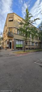Un gran edificio con un árbol delante. en Leaf & Loft, en Novi Sad