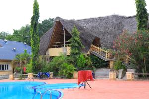 a house with a thatched roof and a swimming pool at Arra Fishing Lodge in Adjumani