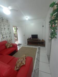 モンガグァーにあるApartamento do Guerreiro com Área Gourmet e Redarioの赤いソファとテレビのあるリビングルーム