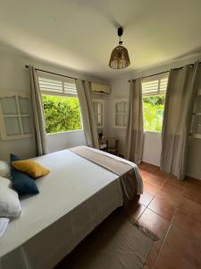 a bedroom with a large bed with two windows at Villa Cliane in Baie-Mahault