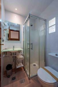 Un baño con ducha, inodoro y lavabo. en Hostal Sol, en Toledo